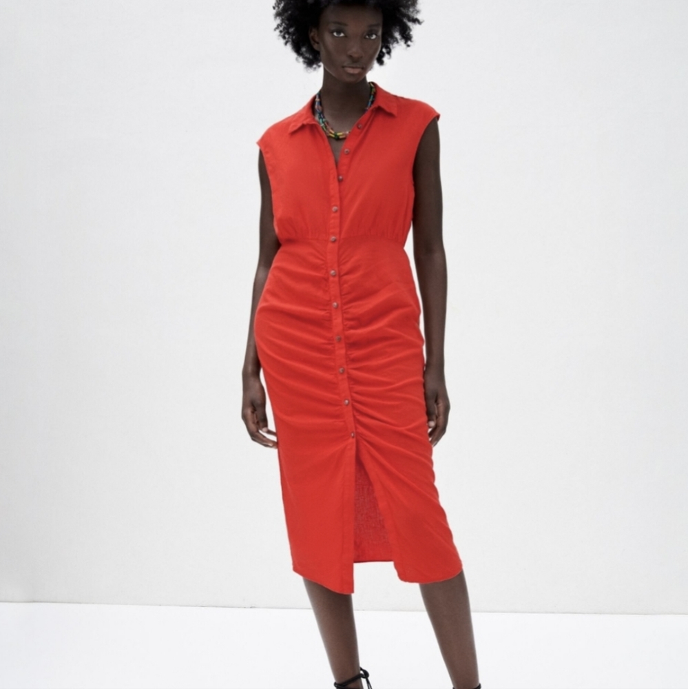 Zara Cherry Red Ruched Linen Collared Midi Dress